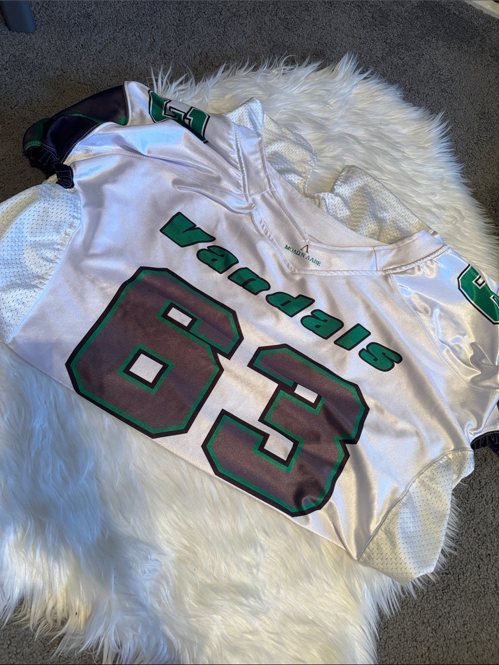 Vandals glove Miami White Football Jersey with Green & Black Numbering